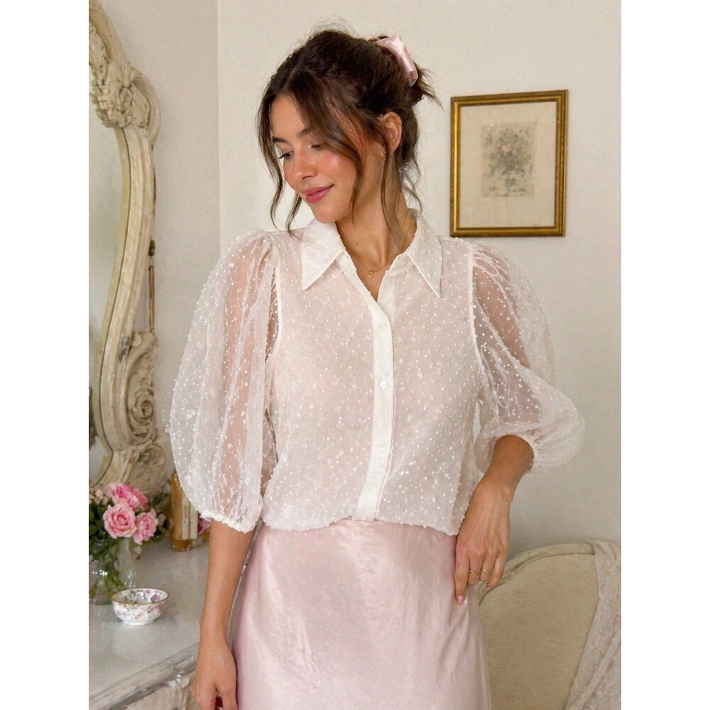 ZARA White Sheer Swiss Dot Puff Sleeve Blouse Romantic Feminine Coquette Top M